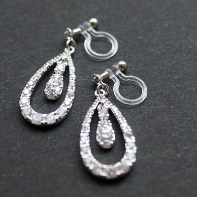 Double Teardrop cubic zirconia invisible clip on earrrings ( Silver tone) - miyabigracejewelry.com