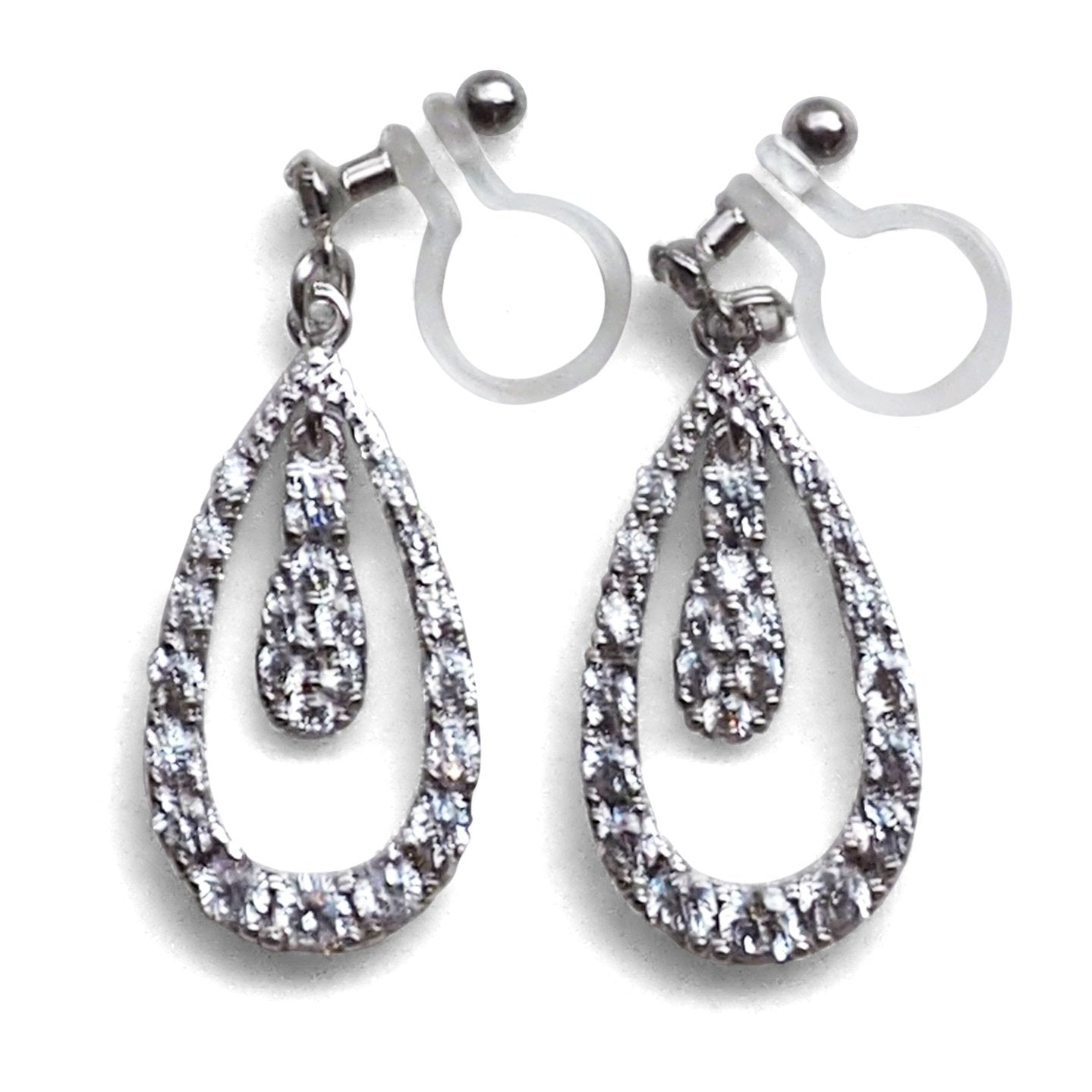 Double Teardrop cubic zirconia invisible clip on earrrings ( Silver tone) - miyabigracejewelry.com