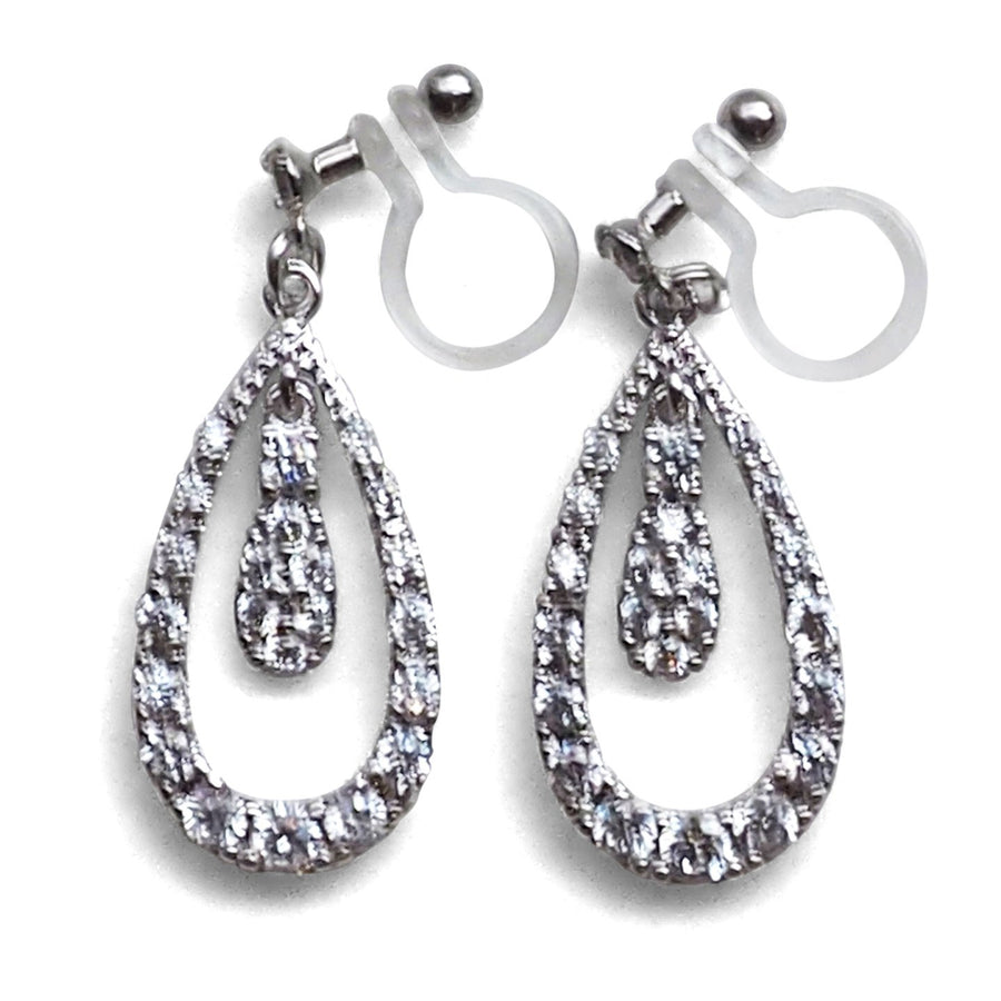 Double Teardrop cubic zirconia invisible clip on earrrings ( Silver tone) - miyabigracejewelry.com