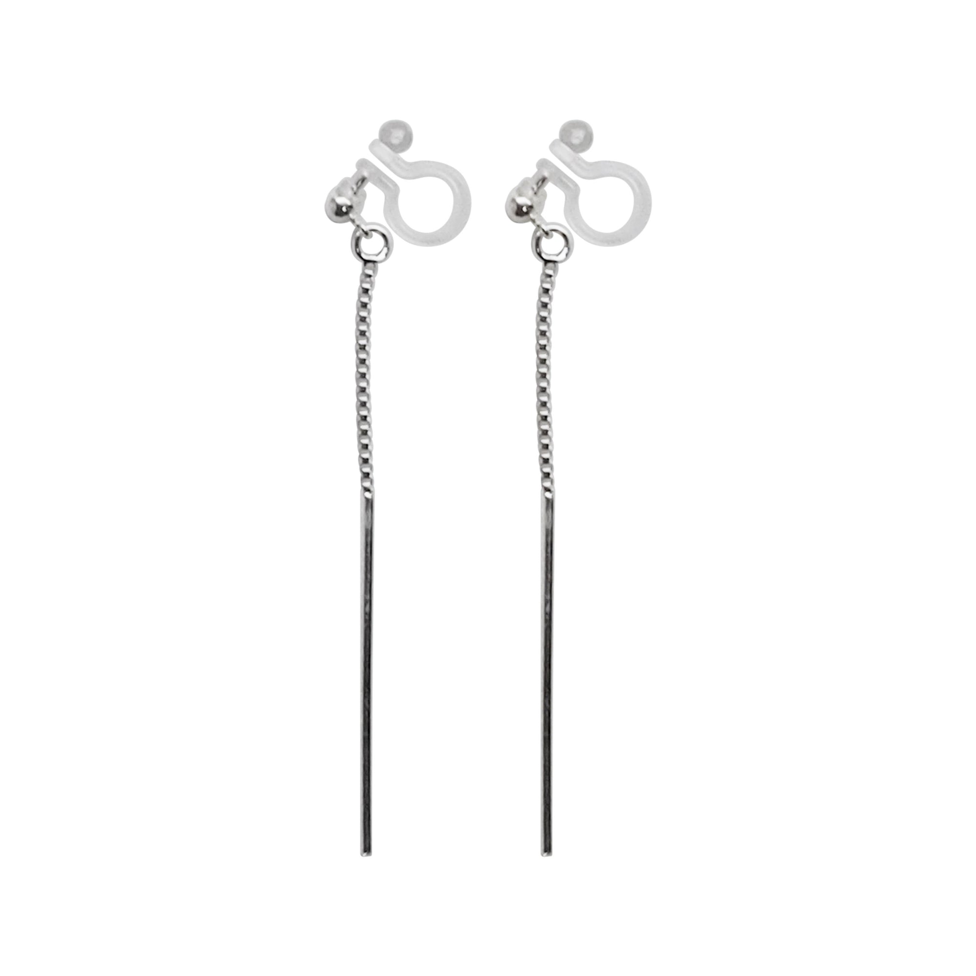 925 Sterling Silver Dangle Bar Invisible Clip On Earrings - Miyabi Grace