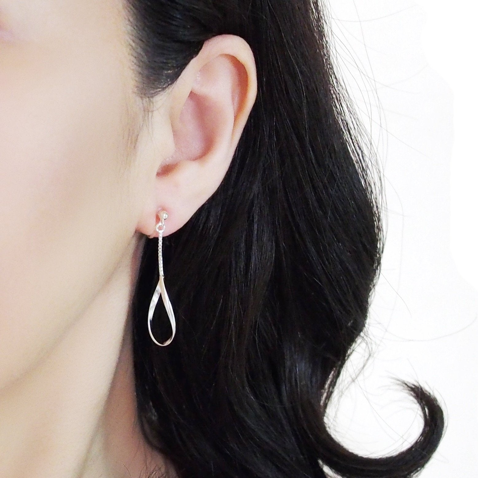 925 Sterling Silver Dangle Teardrop Hoop Invisible Clip On Earrings - Miyabi Grace