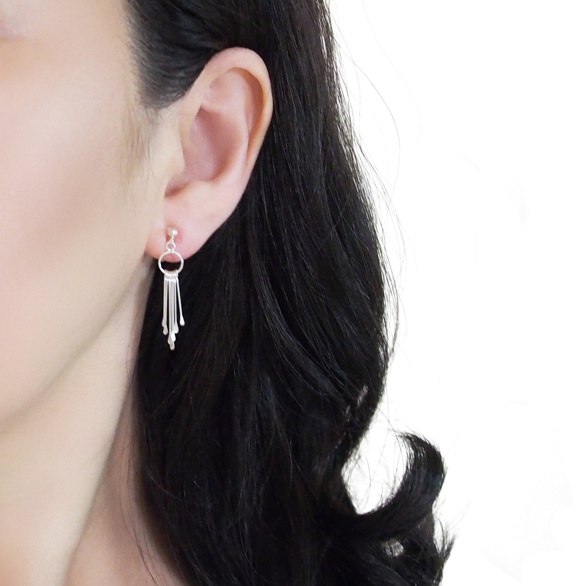 925 Sterling Silver Dangle Fringe Invisible Clip On Earrings - Miyabi Grace