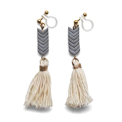 Chevron and White Tassel Invisible Clip On Earrings - miyabigracejewelry.com