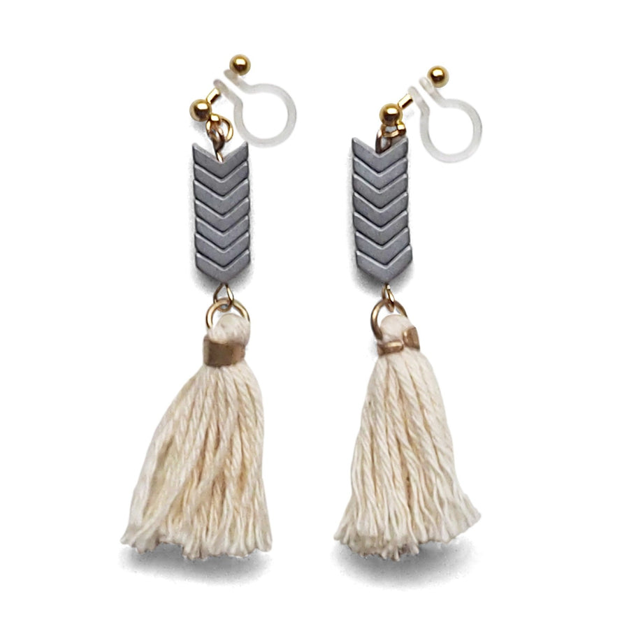 Chevron and White Tassel Invisible Clip On Earrings - miyabigracejewelry.com