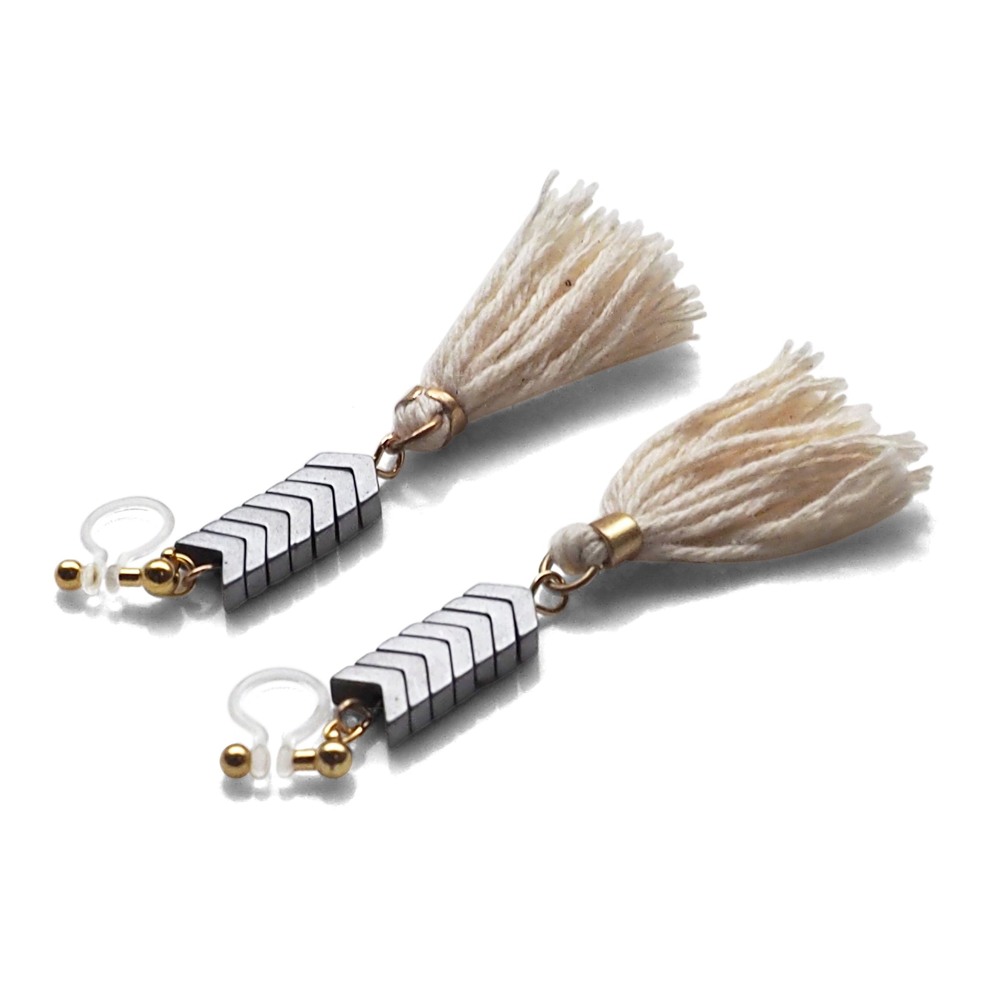 Chevron and White Tassel Invisible Clip On Earrings - miyabigracejewelry.com