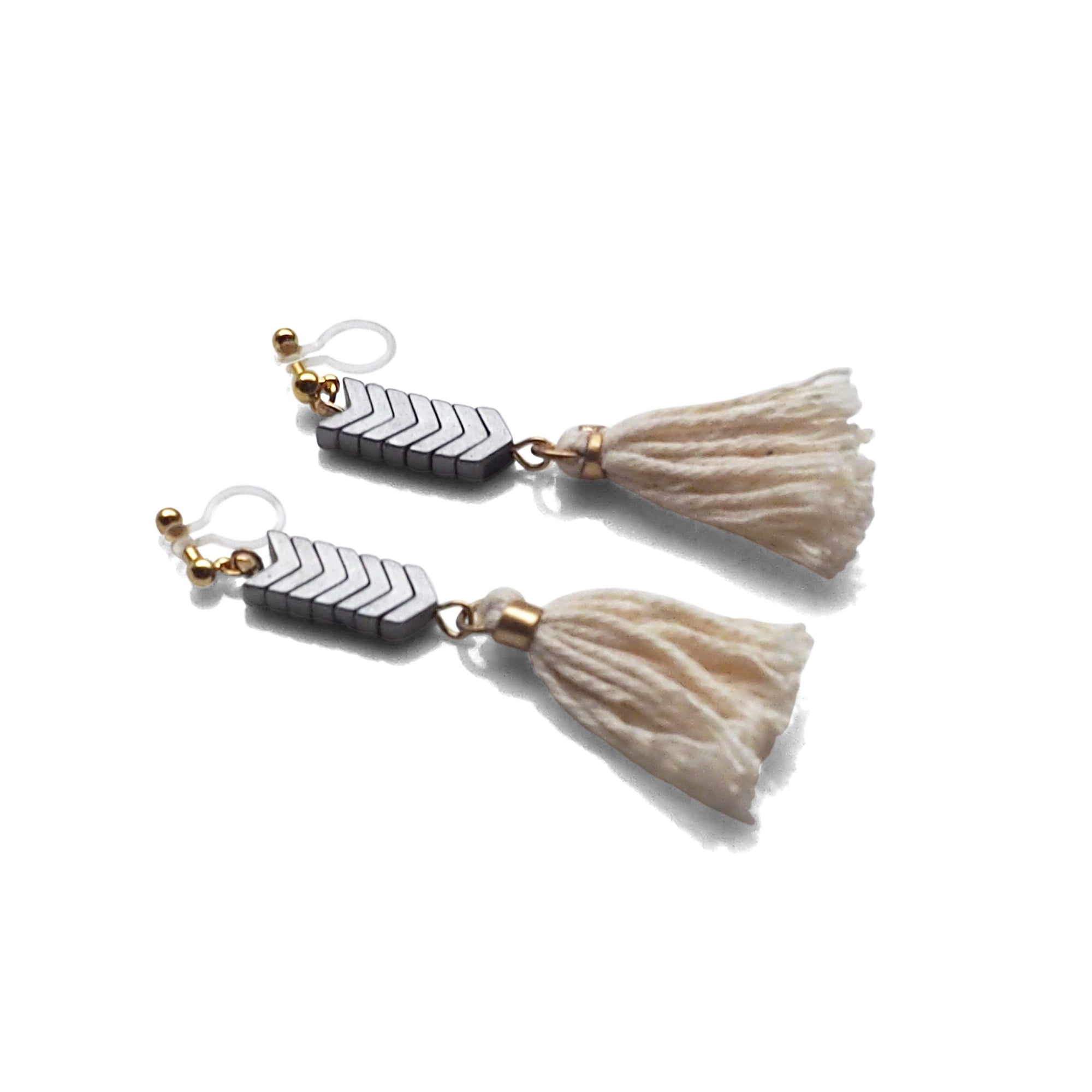 Chevron and White Tassel Invisible Clip On Earrings - miyabigracejewelry.com