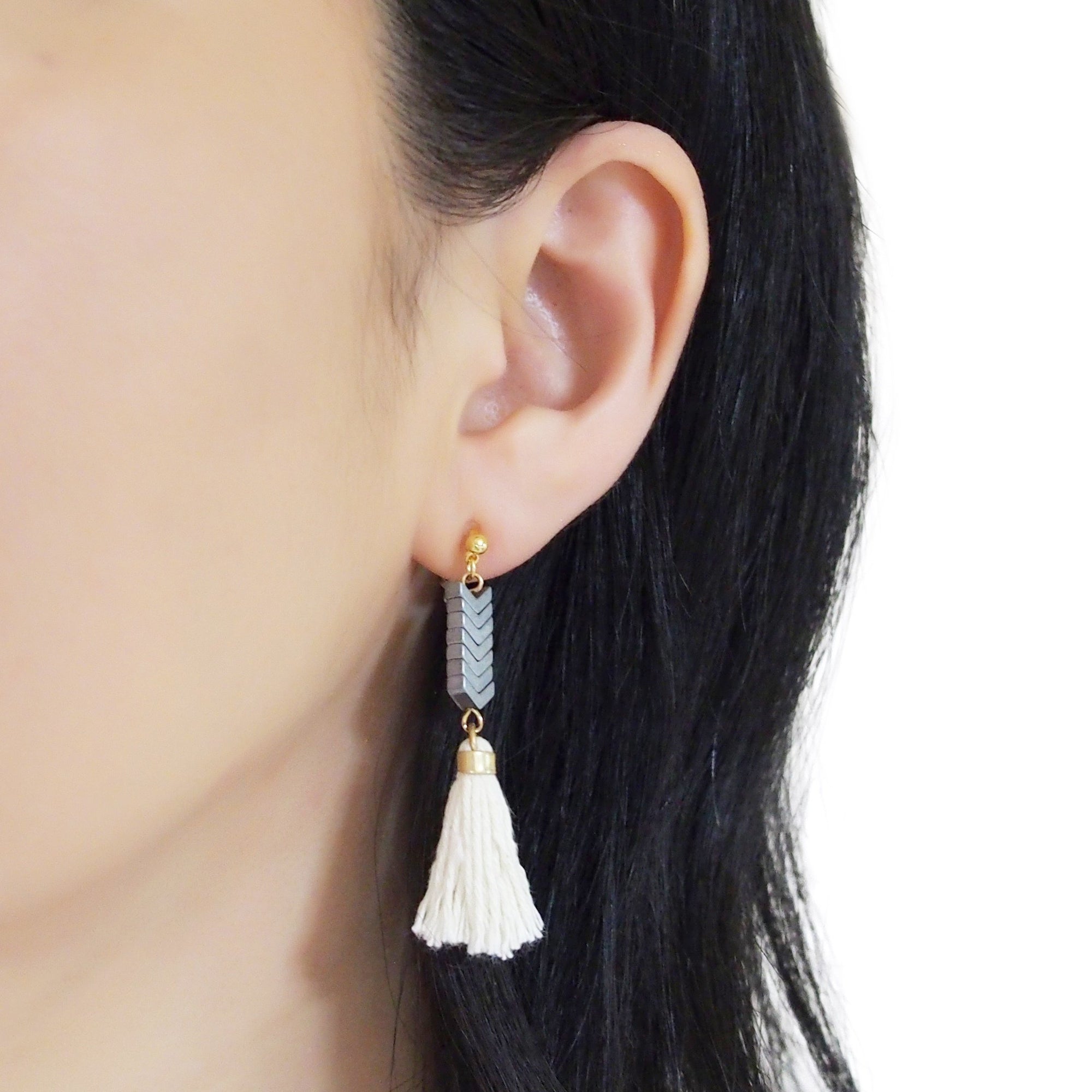 Chevron and White Tassel Invisible Clip On Earrings - miyabigracejewelry.com