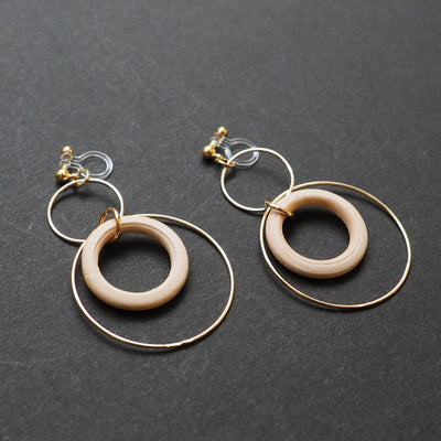 Beige wood hoop invisible clip on earrings - miyabigracejewelry.com