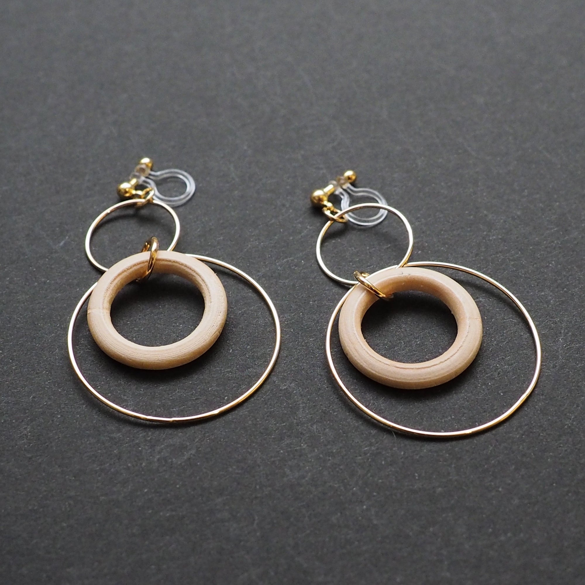 Beige wood hoop invisible clip on earrings - miyabigracejewelry.com