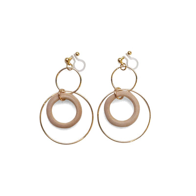 Beige wood hoop invisible clip on earrings - miyabigracejewelry.com