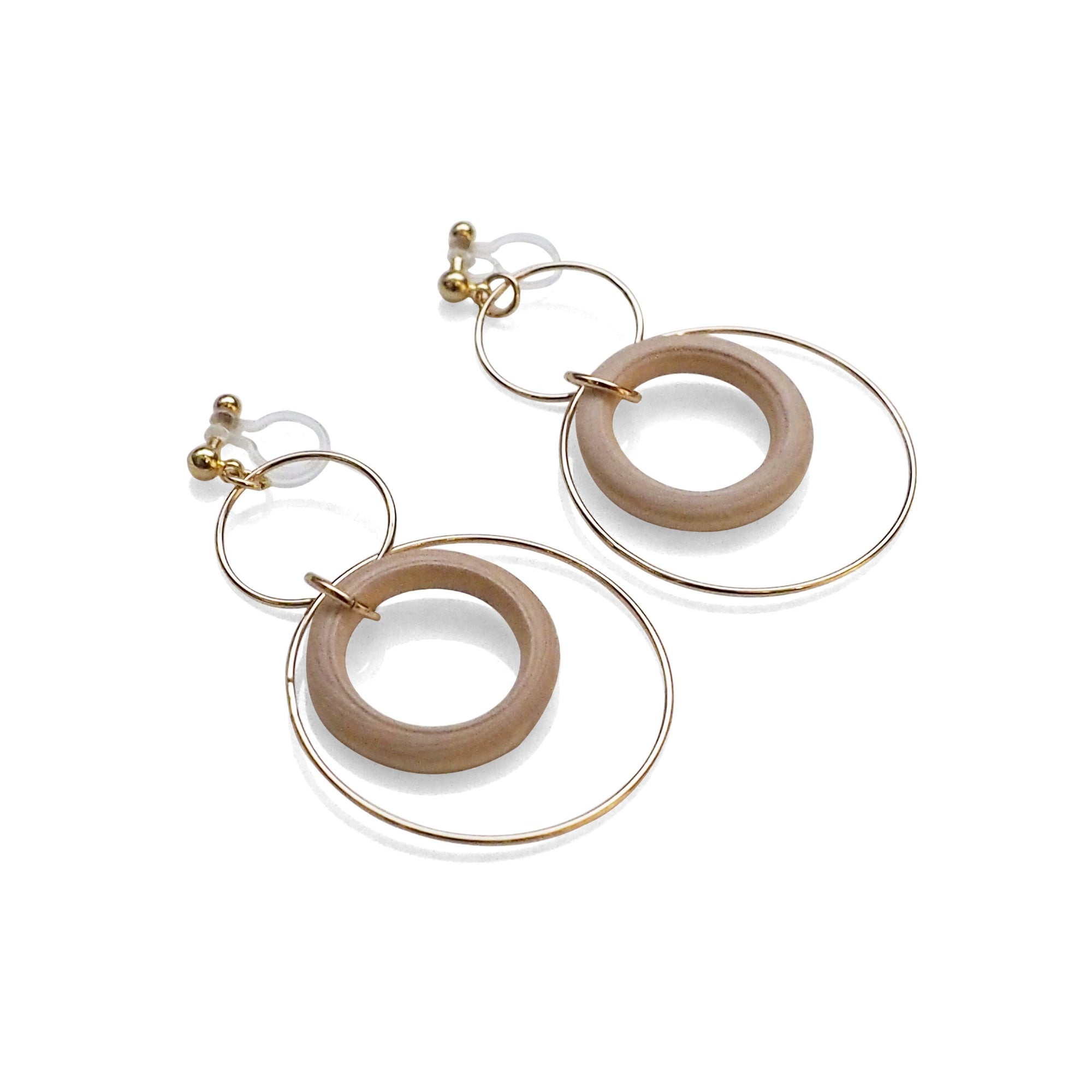 Beige wood hoop invisible clip on earrings - miyabigracejewelry.com