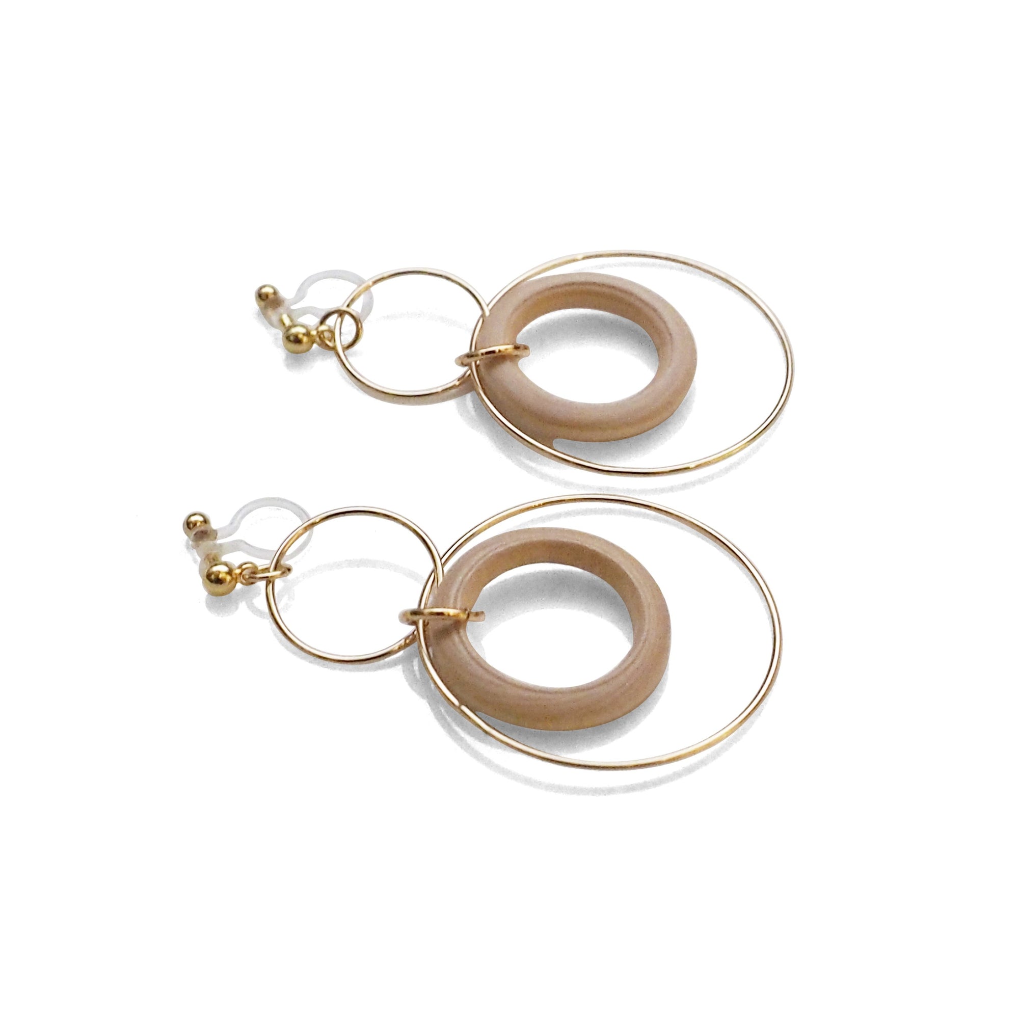 Beige wood hoop invisible clip on earrings - miyabigracejewelry.com