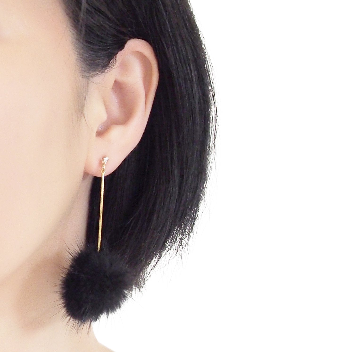 Black Mink Fur Pom Pom Invisible Clip On Earrings - miyabigracejewelry.com