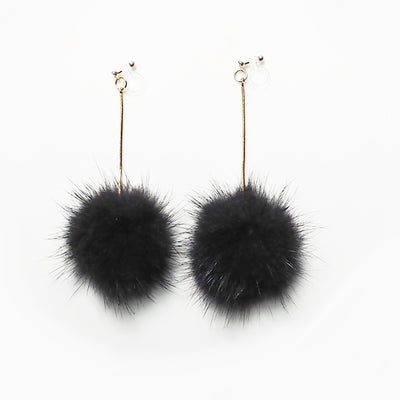 Black Mink Fur Pom Pom Invisible Clip On Earrings - miyabigracejewelry.com