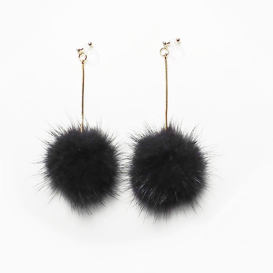 Black Mink Fur Pom Pom Invisible Clip On Earrings - miyabigracejewelry.com