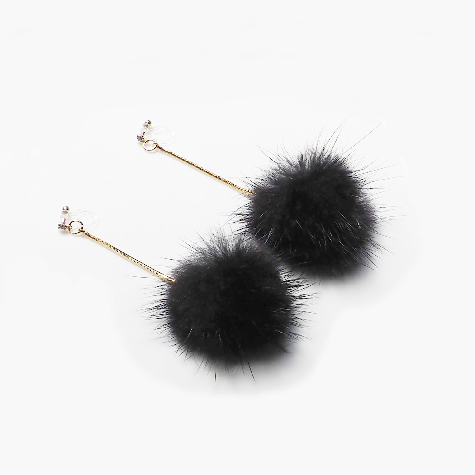 Black Mink Fur Pom Pom Invisible Clip On Earrings - miyabigracejewelry.com