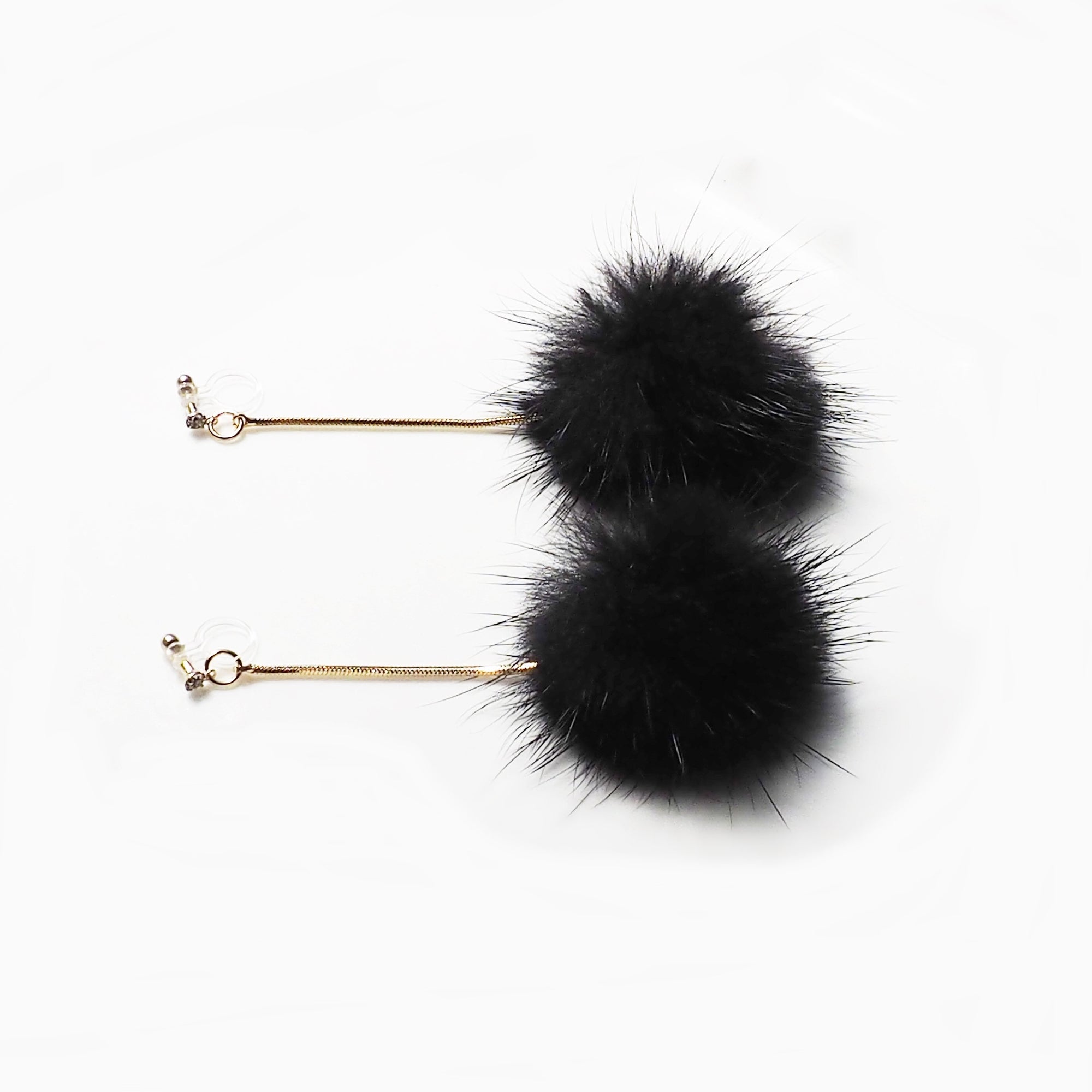 Black Mink Fur Pom Pom Invisible Clip On Earrings - miyabigracejewelry.com