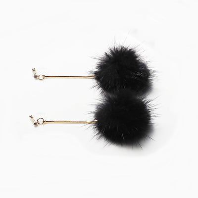 Black Mink Fur Pom Pom Invisible Clip On Earrings - miyabigracejewelry.com