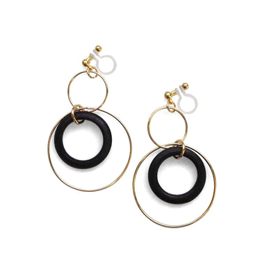 Black wood hoop invisible clip on earrings - miyabigracejewelry.com