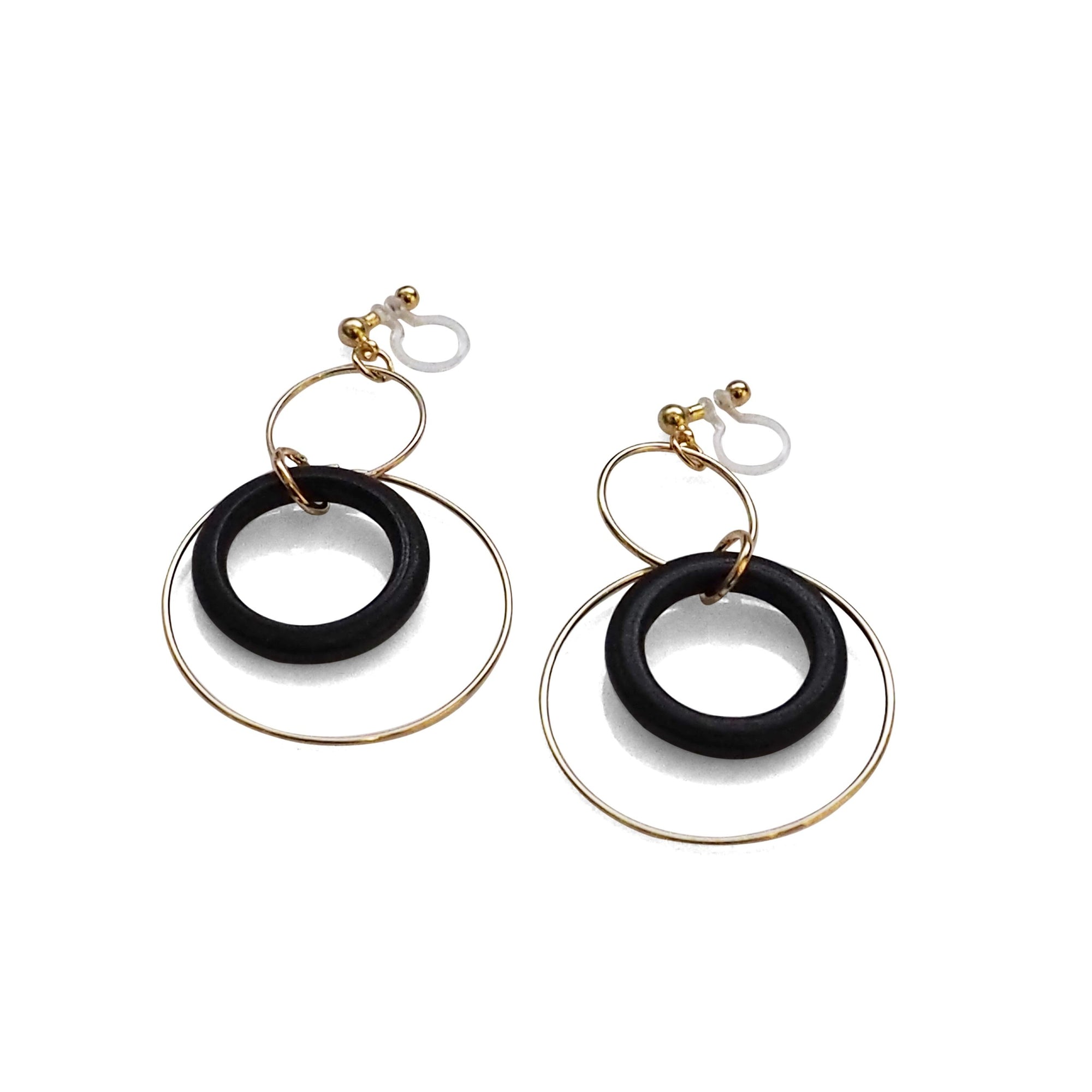 Black wood hoop invisible clip on earrings - miyabigracejewelry.com