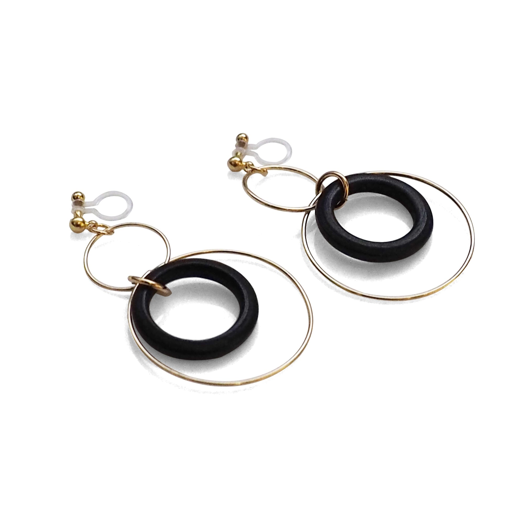 Black wood hoop invisible clip on earrings - miyabigracejewelry.com
