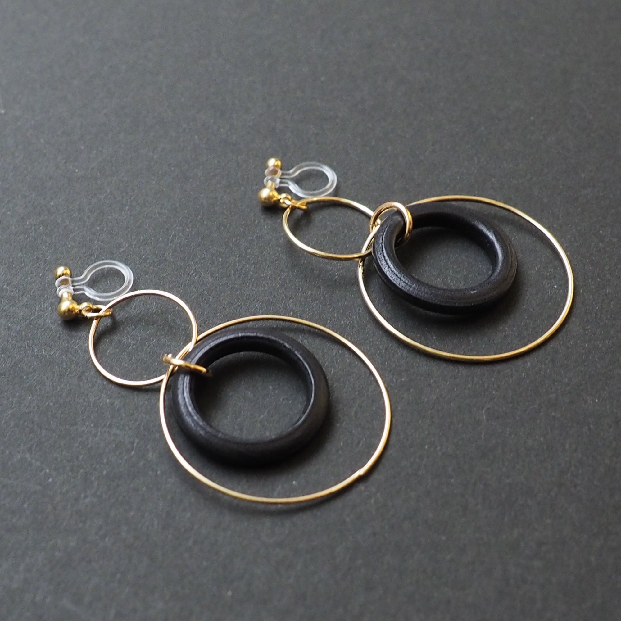 Black wood hoop invisible clip on earrings - miyabigracejewelry.com