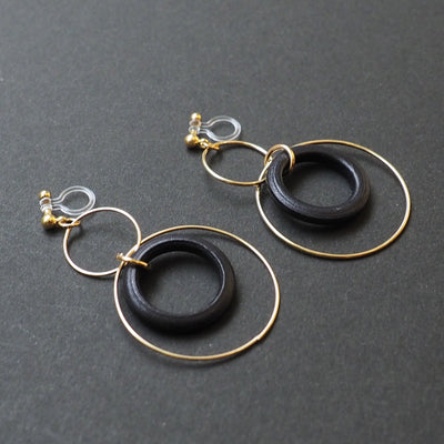 Black wood hoop invisible clip on earrings - miyabigracejewelry.com