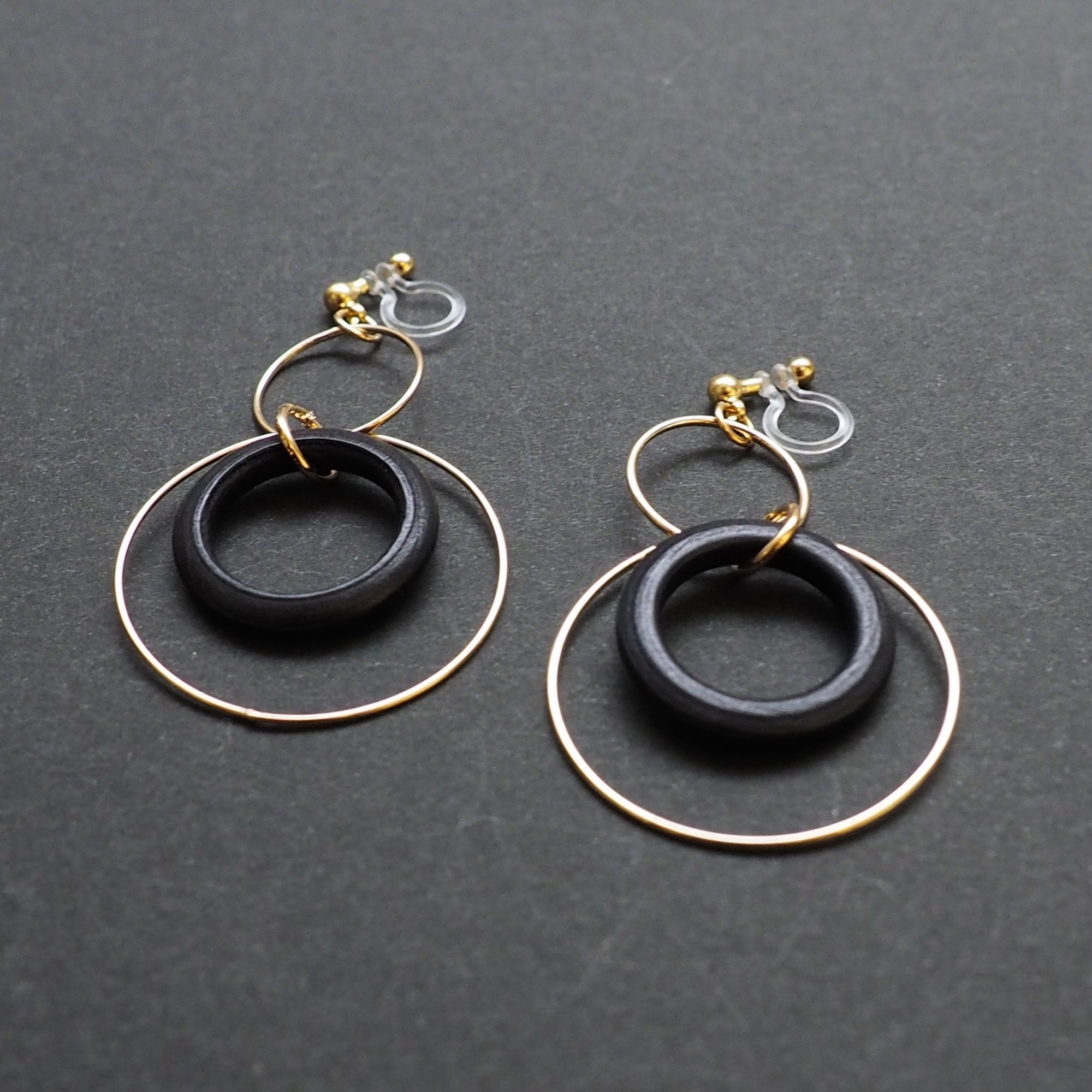 Black wood hoop invisible clip on earrings - miyabigracejewelry.com