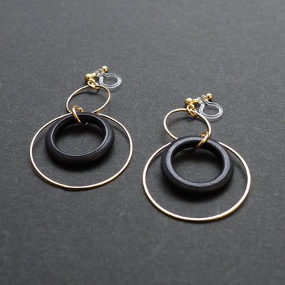 Black wood hoop invisible clip on earrings - miyabigracejewelry.com