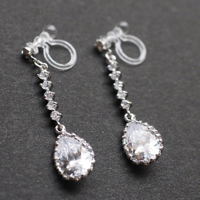Bridal teardrop cubic zirconia invisible clip on earrings ( silver tone ) - Miyabi Grace