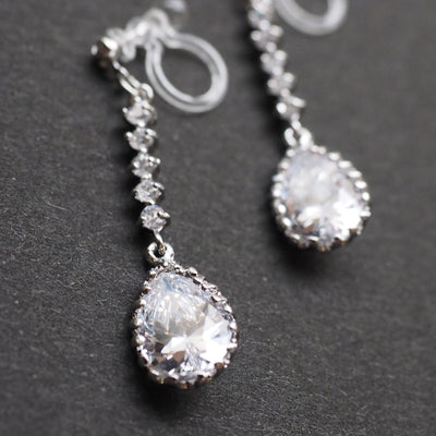 Bridal teardrop cubic zirconia invisible clip on earrings ( silver tone ) - Miyabi Grace