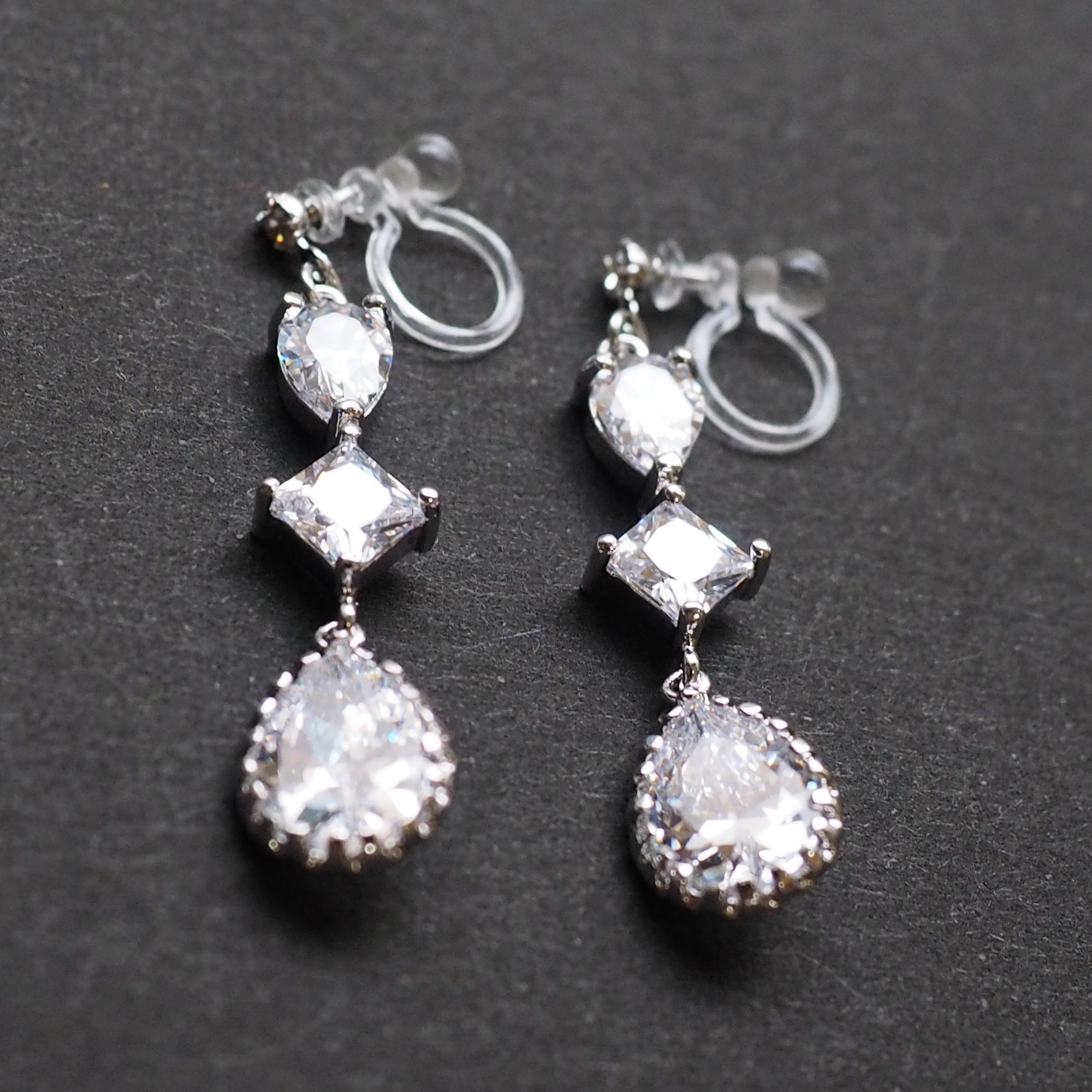 Bridal drop cubic zirconia invisible clip on earrrings ( Silver tone) - Miyabi Grace