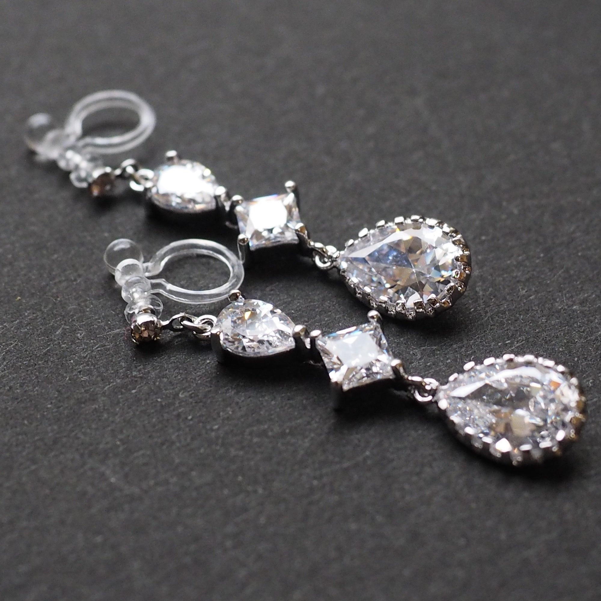 Bridal drop cubic zirconia invisible clip on earrrings ( Silver tone) - Miyabi Grace