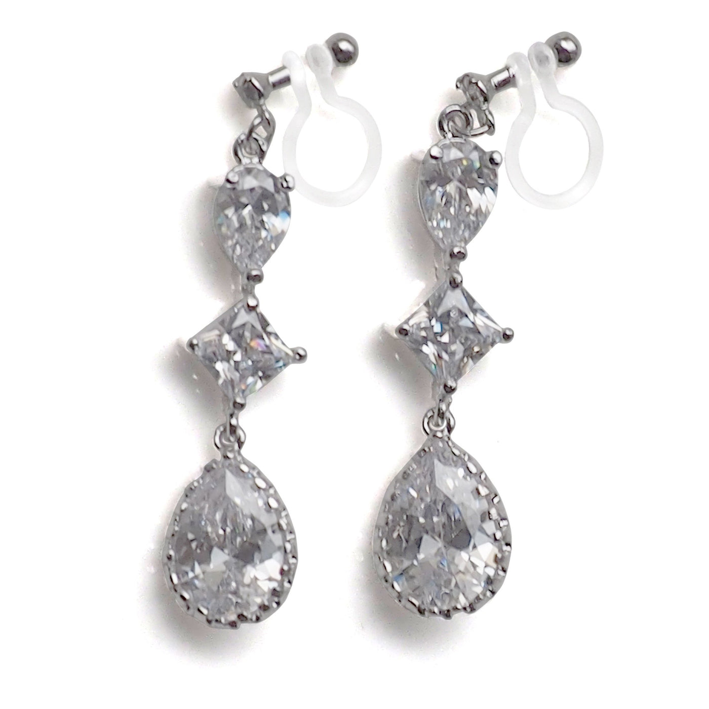 Bridal drop cubic zirconia invisible clip on earrrings ( Silver tone)