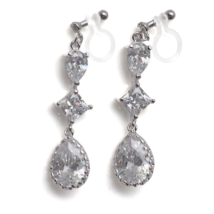 Bridal drop cubic zirconia invisible clip on earrrings ( Silver tone) - Miyabi Grace
