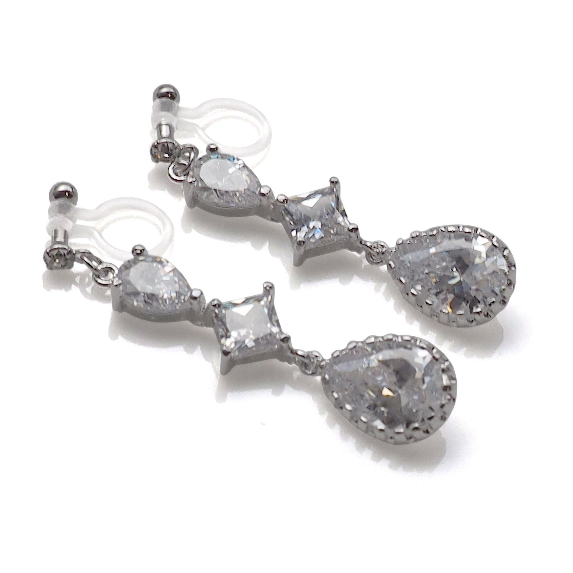 Bridal drop cubic zirconia invisible clip on earrrings ( Silver tone) - Miyabi Grace