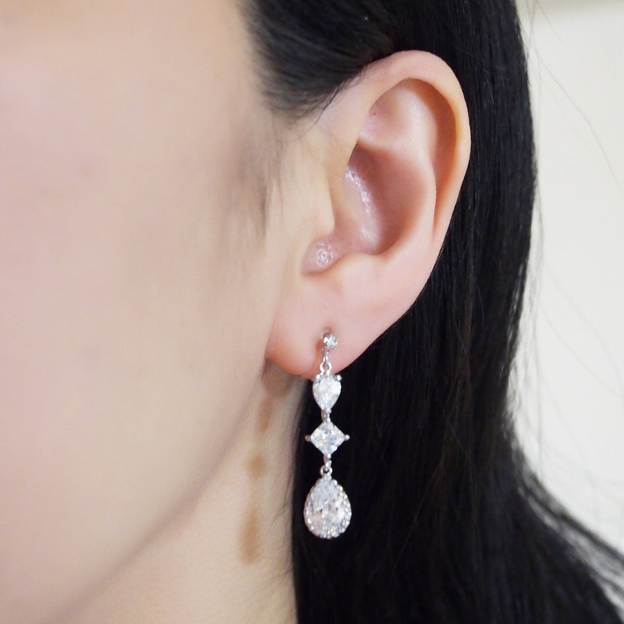 Bridal drop cubic zirconia invisible clip on earrrings ( Silver tone) - Miyabi Grace
