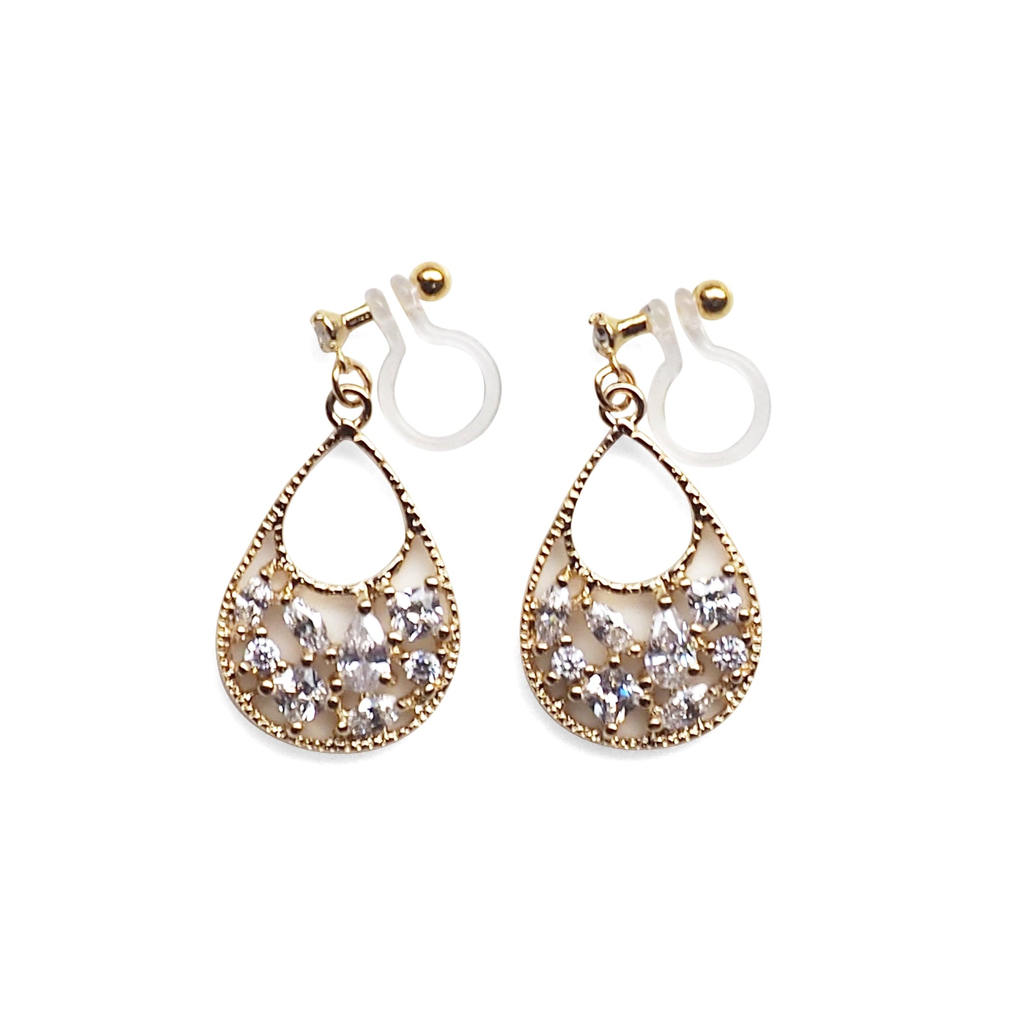 Teardrop filigree cubic zirconia invisible clip on earrings (Gold tone) - miyabigracejewelry.com