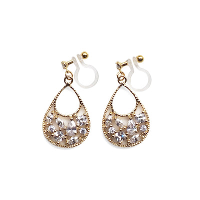 Teardrop filigree cubic zirconia invisible clip on earrings (Gold tone) - miyabigracejewelry.com