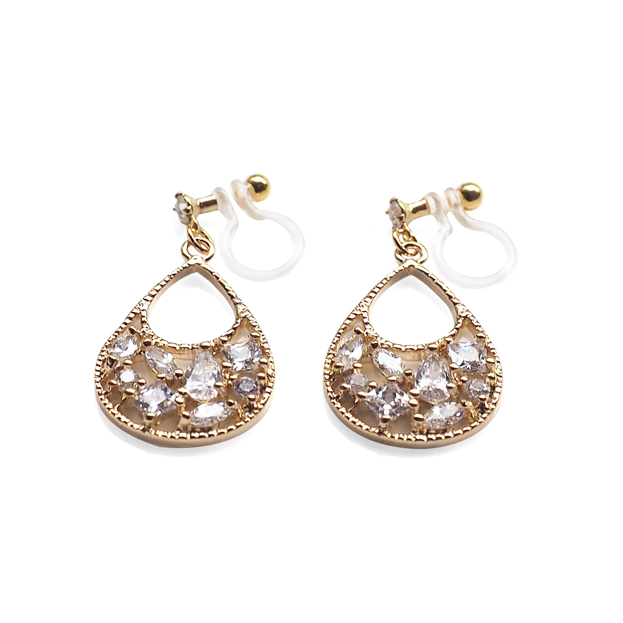 Teardrop filigree cubic zirconia invisible clip on earrings (Gold tone) - miyabigracejewelry.com