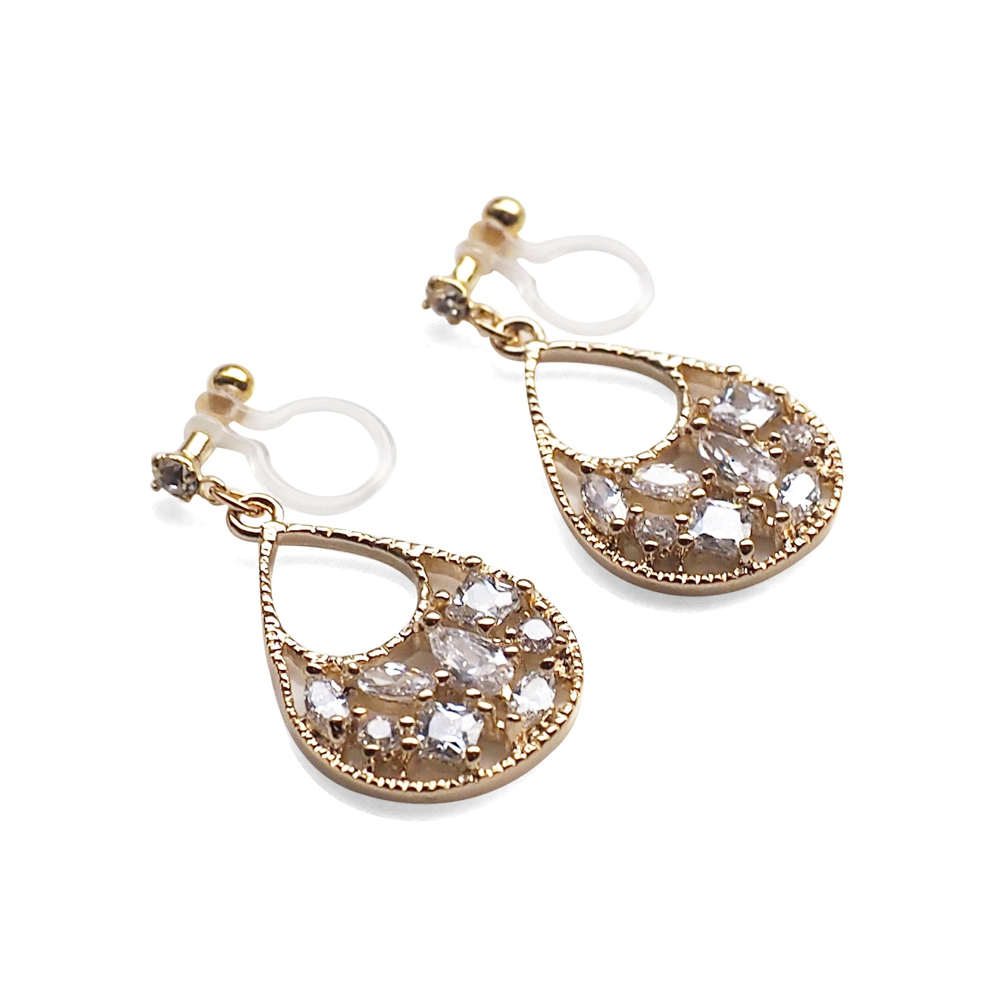 Teardrop filigree cubic zirconia invisible clip on earrings (Gold tone) - miyabigracejewelry.com