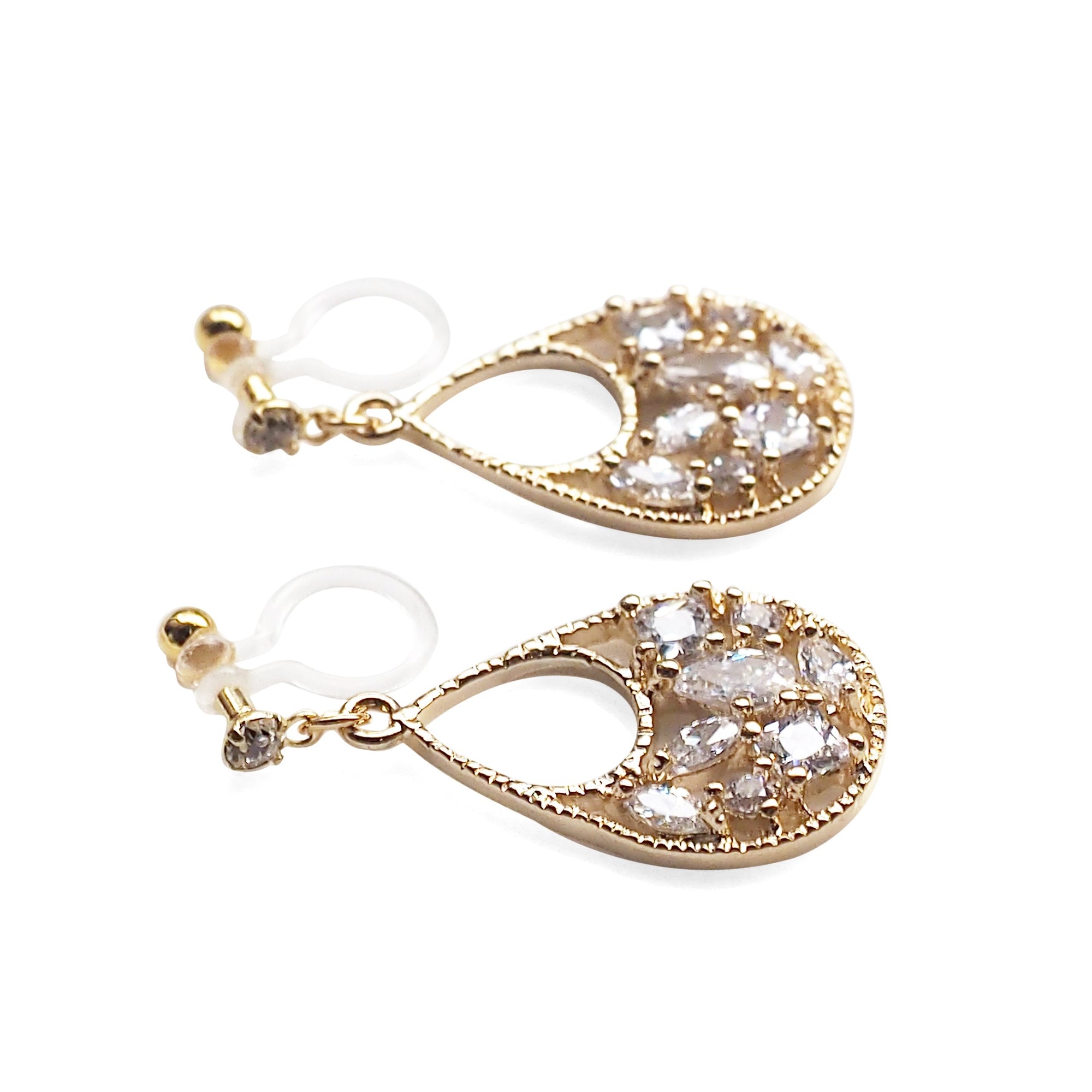 Teardrop filigree cubic zirconia invisible clip on earrings (Gold tone) - miyabigracejewelry.com
