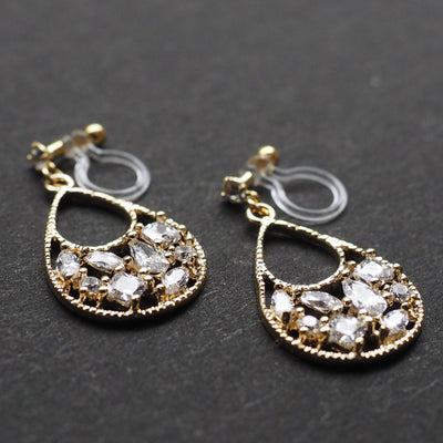 Teardrop filigree cubic zirconia invisible clip on earrings (Gold tone) - miyabigracejewelry.com