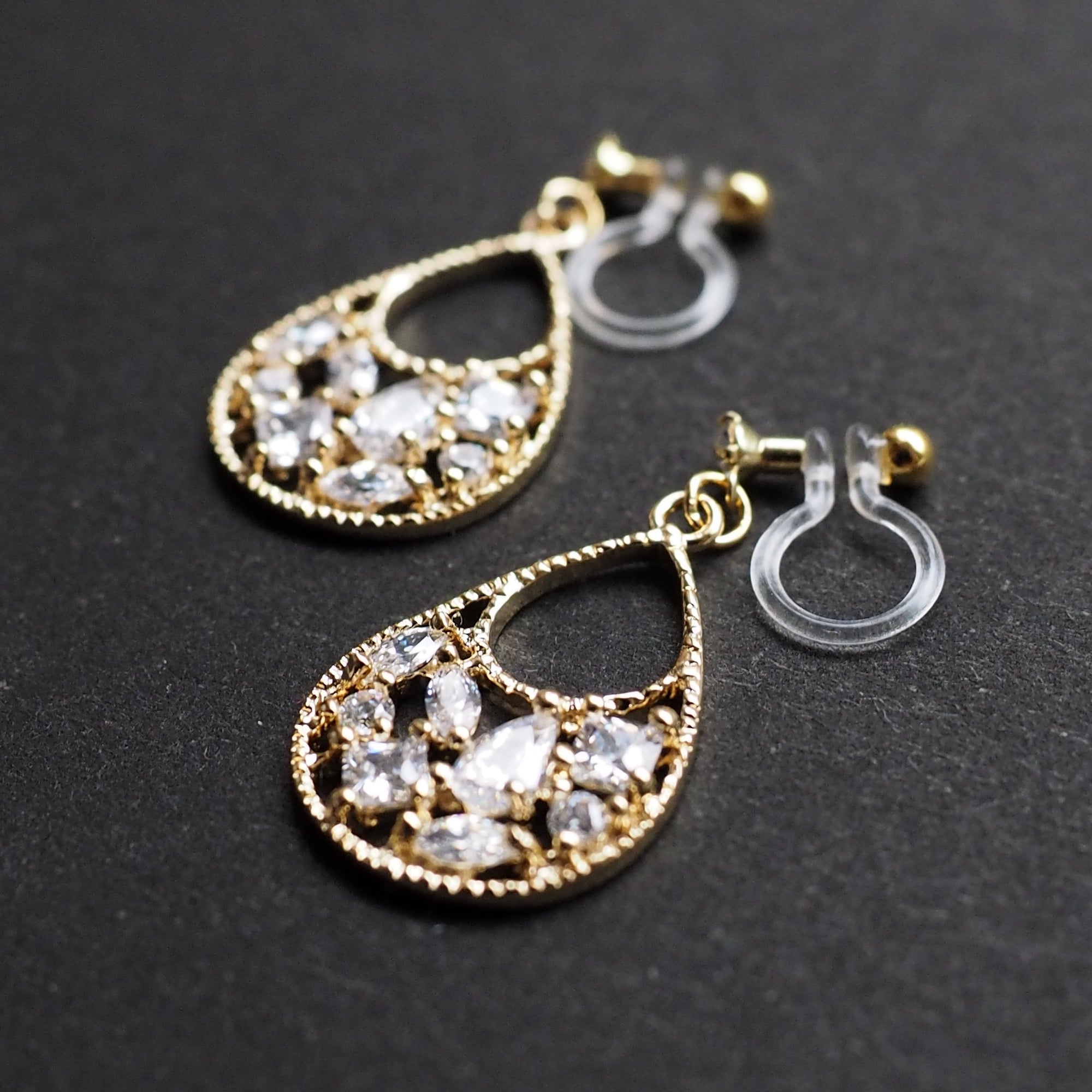 Teardrop filigree cubic zirconia invisible clip on earrings (Gold tone) - miyabigracejewelry.com