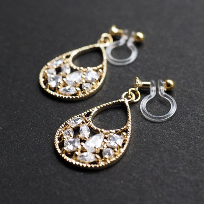 Teardrop filigree cubic zirconia invisible clip on earrings (Gold tone) - miyabigracejewelry.com
