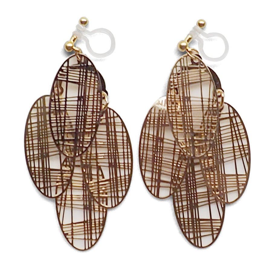 Gold gingham check filigree invisible clip on earrings - miyabigracejewelry.com