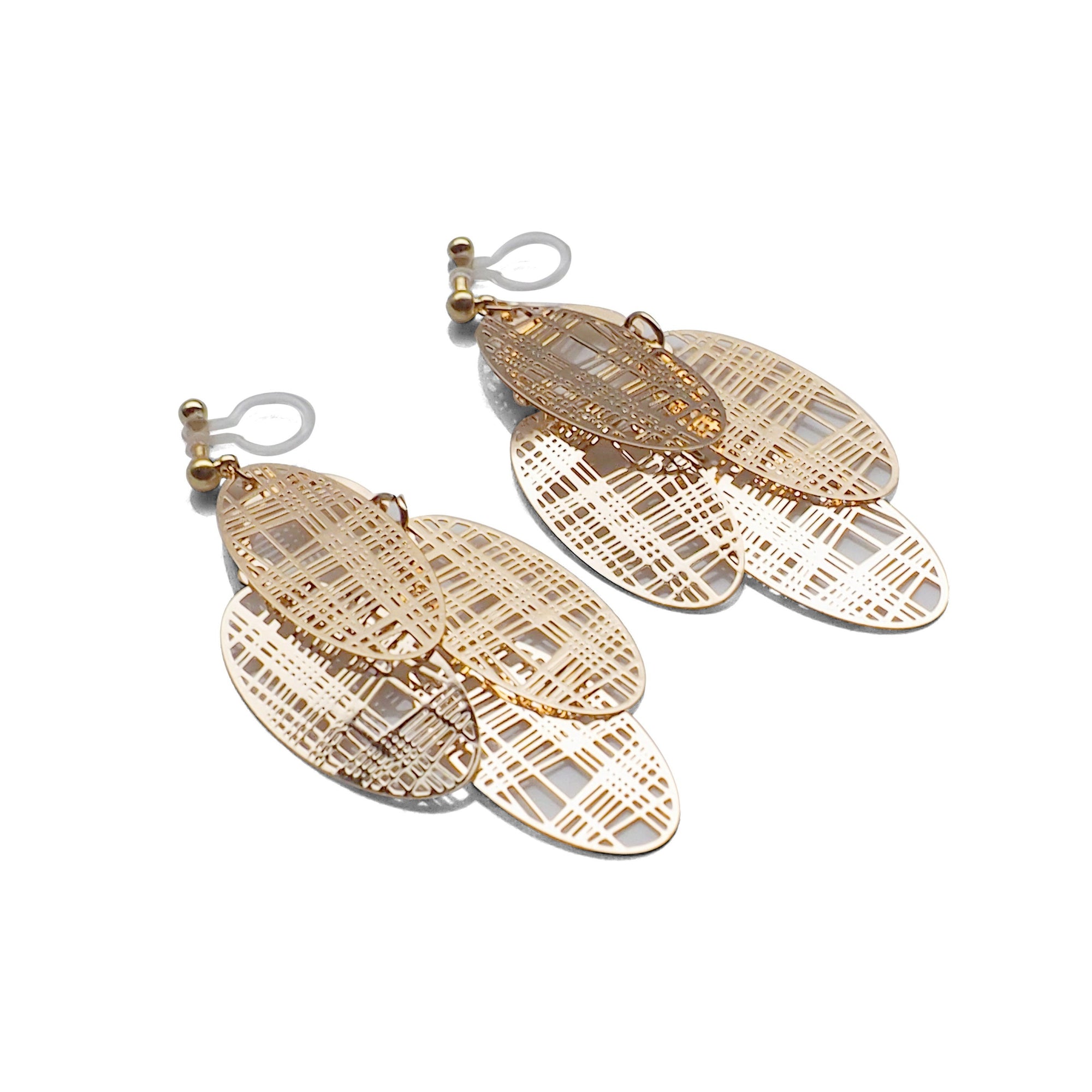 Gold gingham check filigree invisible clip on earrings - miyabigracejewelry.com