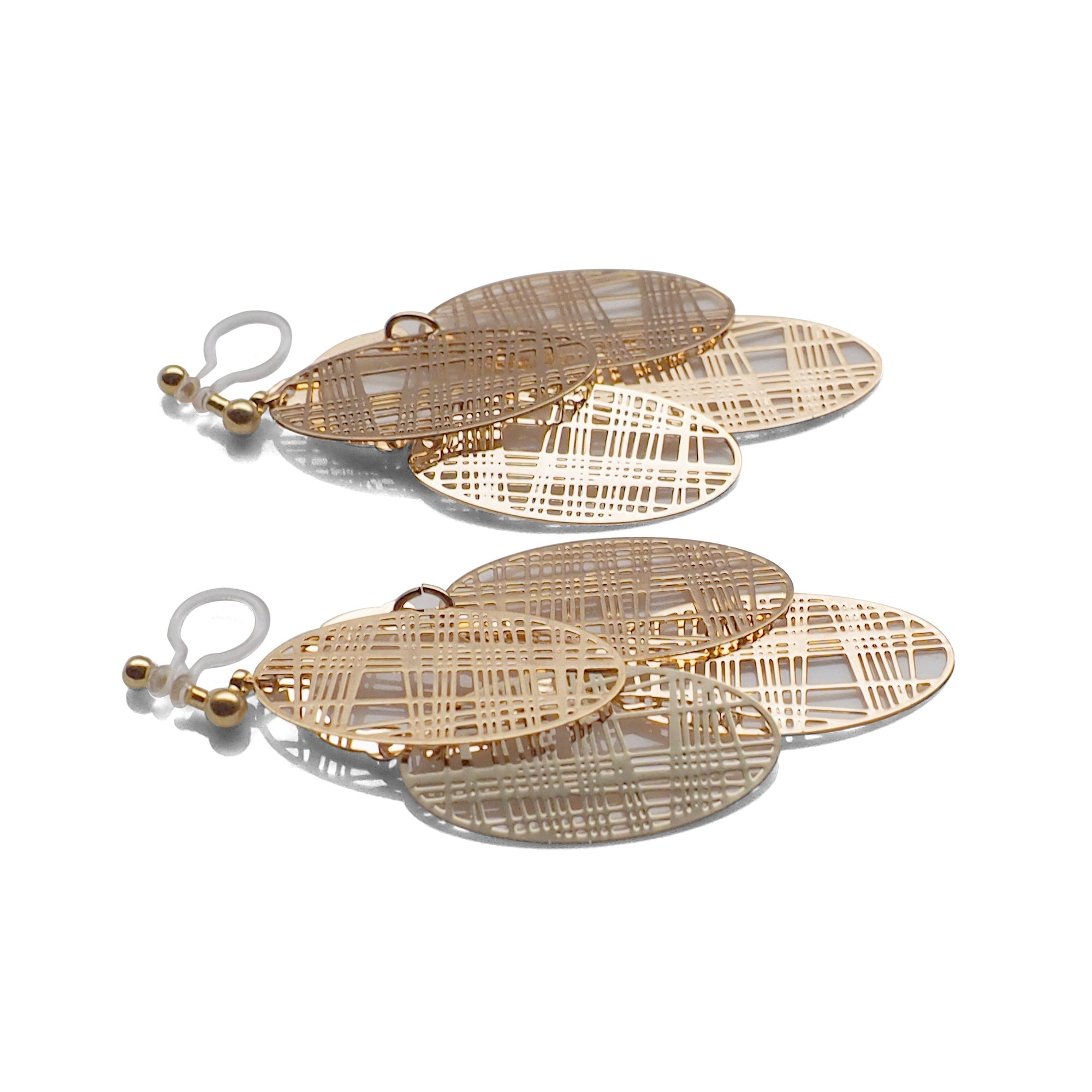 Gold gingham check filigree invisible clip on earrings - miyabigracejewelry.com