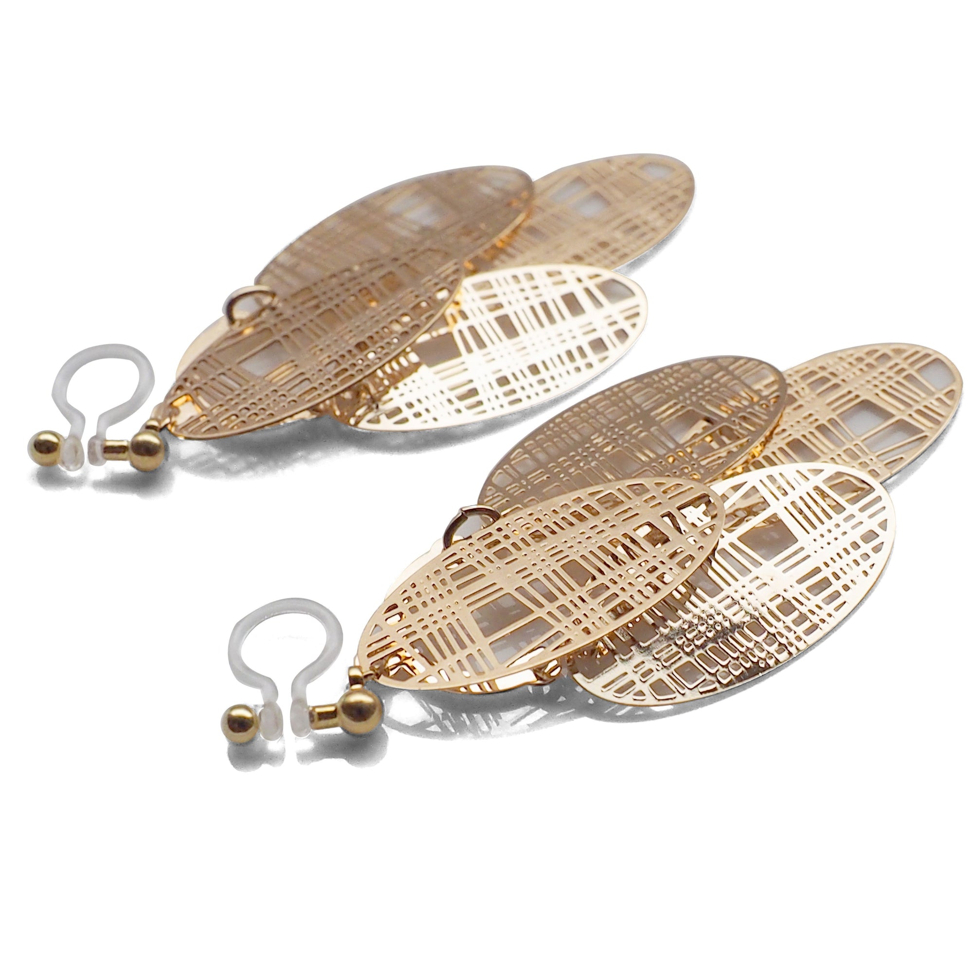 Gold gingham check filigree invisible clip on earrings - miyabigracejewelry.com