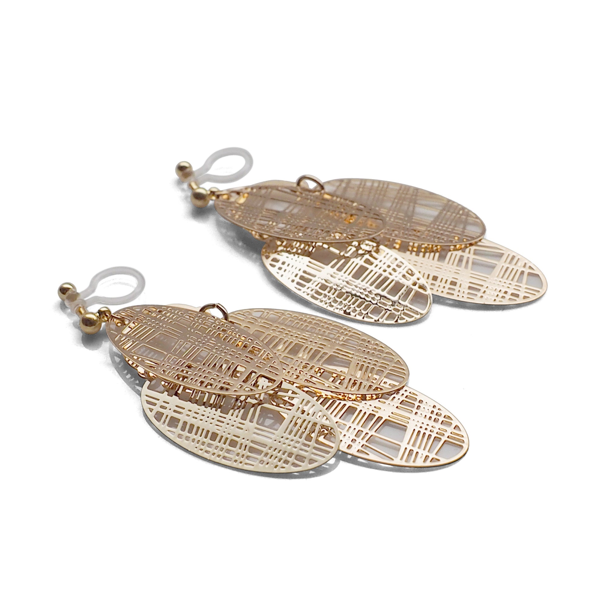 Gold gingham check filigree invisible clip on earrings - miyabigracejewelry.com